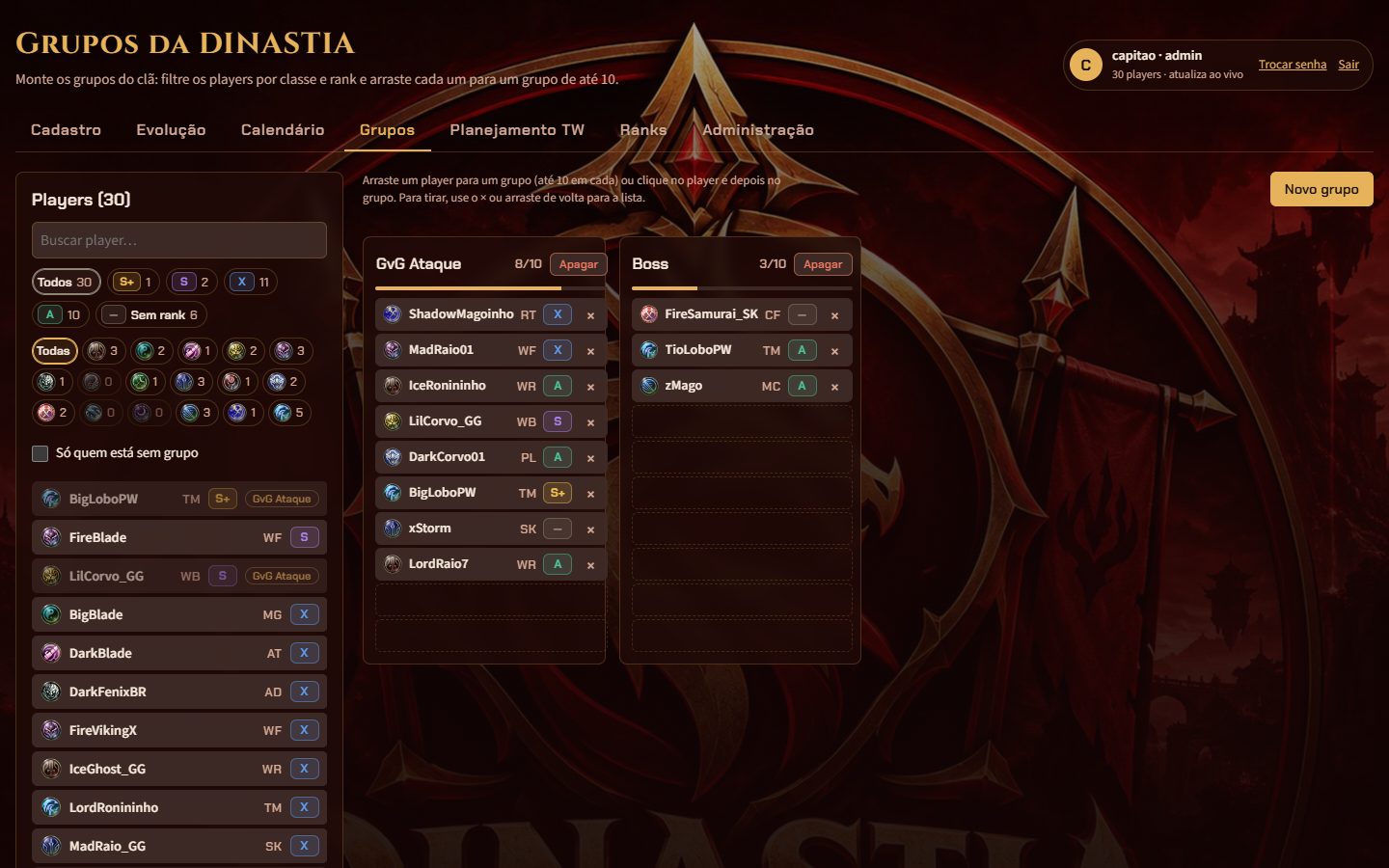 Tela de grupos: players filtrados por classe e rank e grupos de até 10