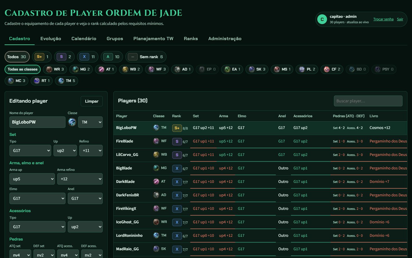O sistema com as cores verdes do clã ORDEM DE JADE