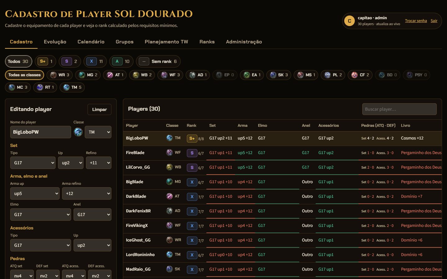O sistema com as cores douradas do clã SOL DOURADO