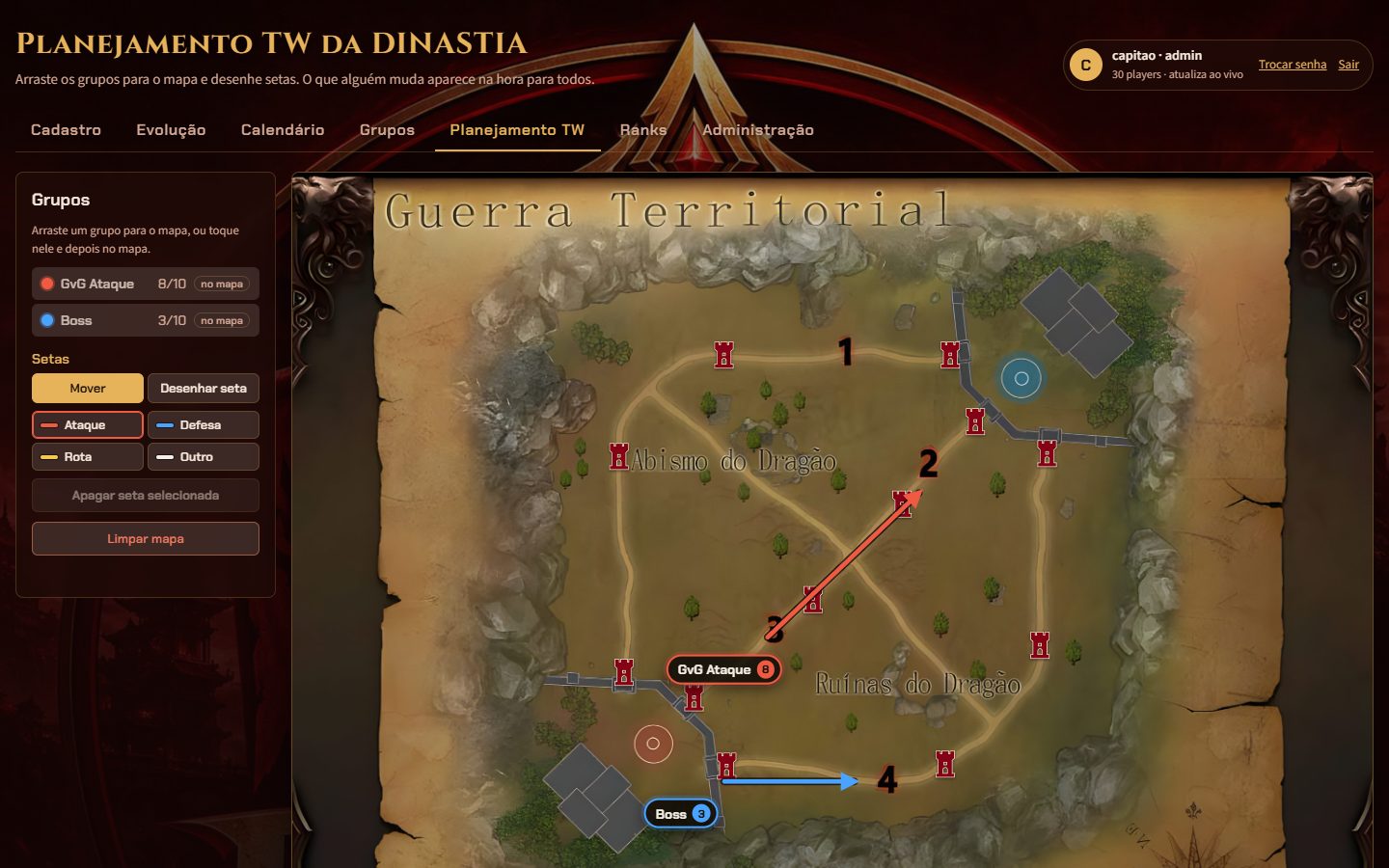 Tela de planejamento da TW: grupos e setas sobre o mapa